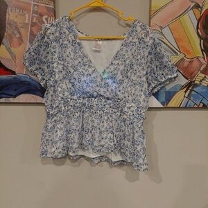 Womens Nobo lined sheer blue and white baby doll top